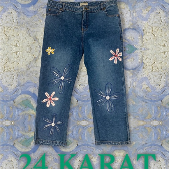 24 Karat Denim - 24 Karat Sz 12 Beaded Rhinestone Floral Jeans EUC